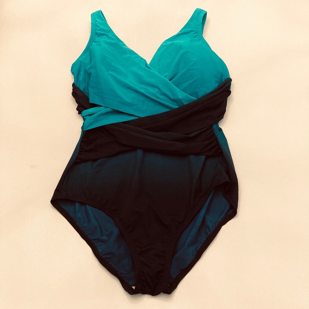 Lands End Slender Suit Wrap One Piece Swimsuit Womens 14 DDD Teal Ombre NEW